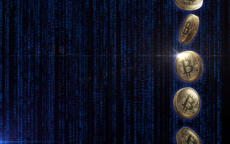 Golden bitcoin digital currency, futuristic digital money, technology worldwide network concept. Virtual cryptocurrency. Futuristic digital money. Mining and blockchain technology. Digital economy.の写真素材