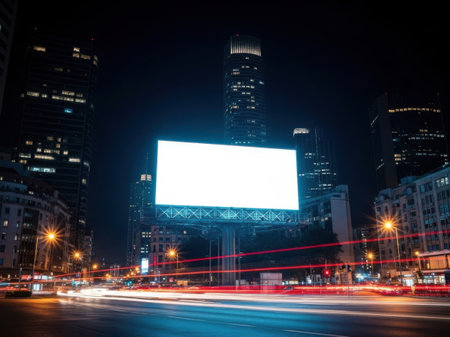 Cityscape at night with illuminated billboardの素材