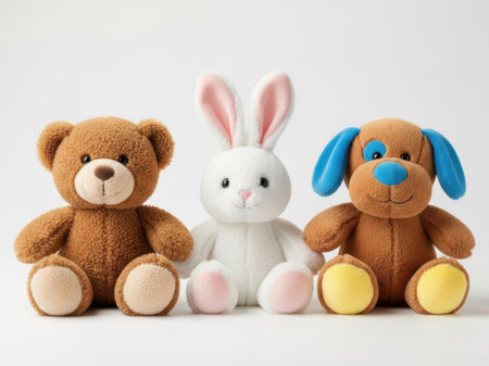 Three cute stuffed animals sitting togetherの素材