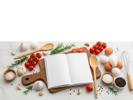 Open recipe book with fresh ingredientsの素材