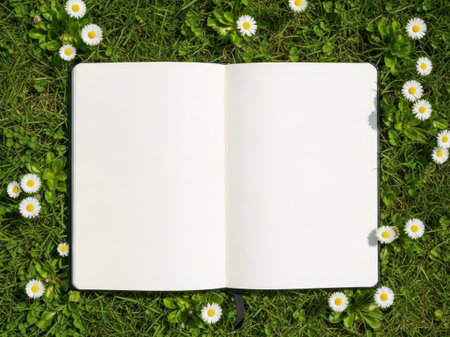 Open notebook surrounded by daisiesの素材