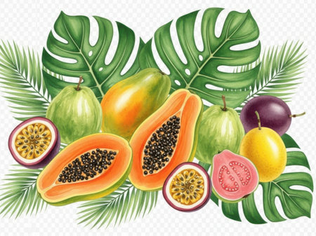 Vibrant tropical fruits amidst lush leavesの素材