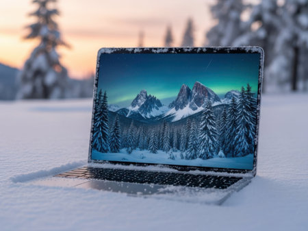 Laptop in snowy mountain landscapeの素材
