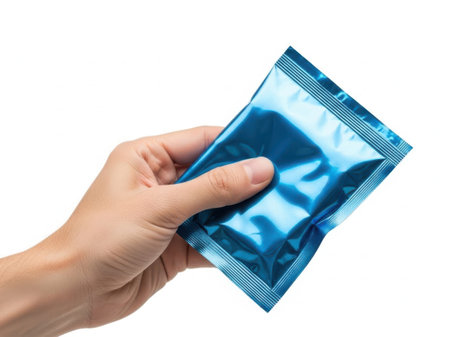 Hand holding blue foil packetの素材