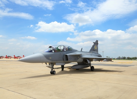 BANGKOK, THAILAND - JUNE 29: JAS 39 Gripen of  Royal Thai air force was showed in Cerebration of 100...