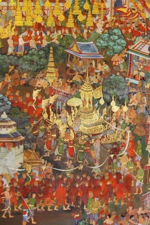 SAMUTSONGKRAM, THAILAND - JANUARY15: The beautiful mural paint of Royal procession of troops on the temple wall in Umpawanjetiyaram temple on January 15,2012 in Samutsongkram, Thailand のeditorial素材