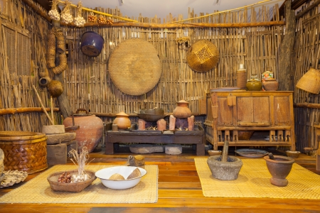 Traditional ancient Thai kitchen display which used over 200 years agoの写真素材