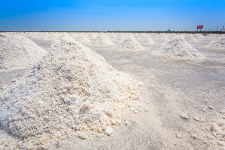 The landscape of Salt fields in Thailand with blue sky background 