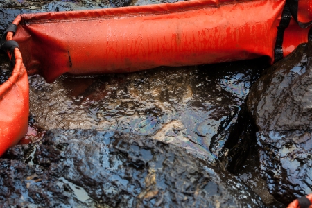 The crude oil on the stone and leave boom bag on oil spill accident on Ao Prao Beach at Samet island on July 31,2013 in Rayong,Thailandの写真素材
