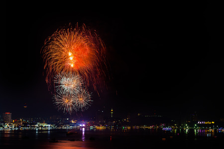 Big fireworks over the skyline of downtown Pattaya, Thailandのeditorial素材