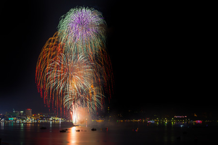 Big fireworks over the skyline of downtown Pattaya, Thailandのeditorial素材