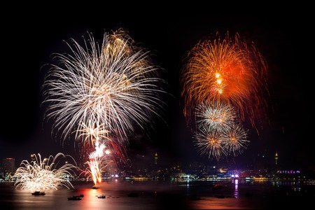 Big fireworks over the skyline of downtown Pattaya, Thailandのeditorial素材