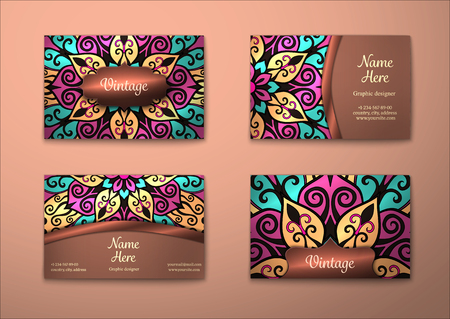 Vector vintage visiting card set. Floral mandala pattern and ornaments. Oriental design Layout. Islam, Arabic, Indian, ottoman motifs. Front page and back page.のイラスト素材