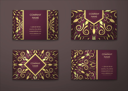 Vector vintage visiting card set. Floral mandala pattern and ornaments. Oriental design Layout. Islam, Arabic, Indian, ottoman motifs. Front page and back page.のイラスト素材
