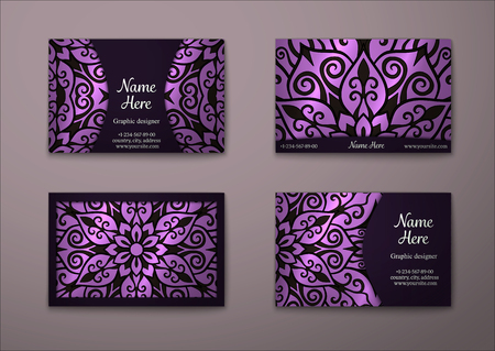 Vintage visiting card set. Floral mandala pattern and ornaments. Oriental design Layout. Islam, Arabic, Indian, ottoman motifs.のイラスト素材