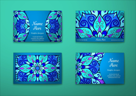 Vintage visiting card set. Floral mandala pattern and ornaments. Oriental design Layout. Islam, Arabic, Indian, ottoman motifs.のイラスト素材