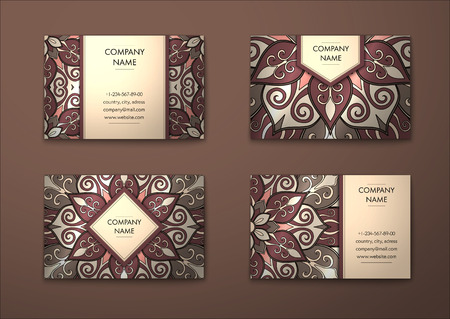 Vector vintage visiting card set. Floral mandala pattern and ornaments. Oriental design Layout. Islam, Arabic, Indian, ottoman motifs. Front page and back page.のイラスト素材
