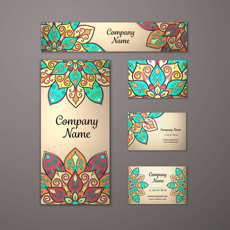 Templates set. Business cards, invitations and banners. Floral mandala pattern and ornaments. Oriental design Layout. Asian, Arabic, Indian, ottoman motifs.のイラスト素材