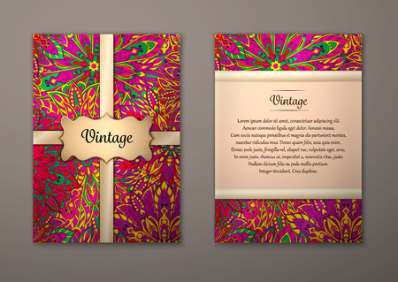 Vintage cards with Floral mandala pattern and ornaments. Vector Flyer oriental design Layout template, size A5. Islam, Arabic, Indian, ottoman motifs. Front page and back page. Easy to use and edit.のイラスト素材