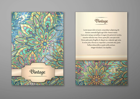 Vintage cards with Floral mandala pattern and ornaments. Vector Flyer oriental design Layout template, size A5. Islam, Arabic, Indian, ottoman motifs. Front page and back page. Easy to use and edit.のイラスト素材