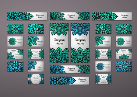 Big templates set. Business cards, invitations and banners. Floral mandala pattern and ornaments. Oriental design Layout. Asian, Arabic, Indian, ottoman motifs.のイラスト素材