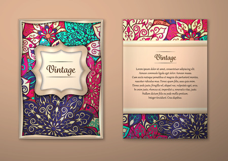 Vintage cards with Floral mandala pattern and ornaments. Vector Flyer oriental design Layout template, size A5. Islam, Arabic, Indian, ottoman motifs. Front page and back page. Easy to use and edit.のイラスト素材
