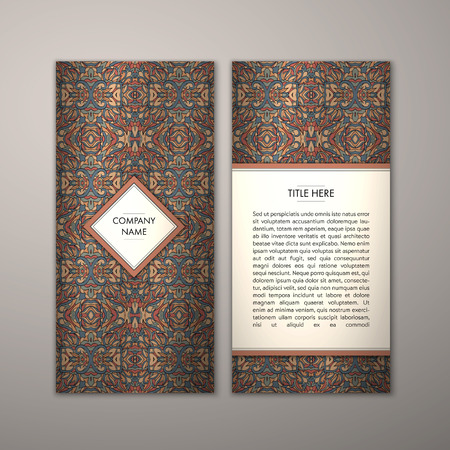 Flyer template with abstract ornament pattern. Vector greeting card design. Front page and back page.のイラスト素材