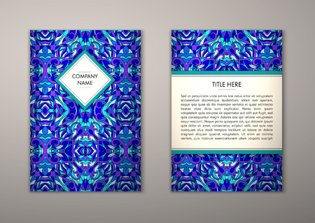 Flyer template with abstract ornament pattern. Vector greeting card design. Front page and back page.のイラスト素材
