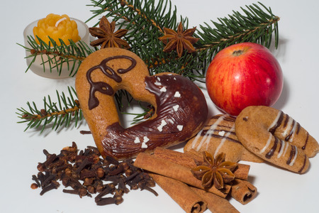 Christmas cookies, spruce twig and spicesの写真素材