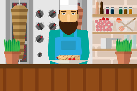 Making Kebab.  Vector illustration flat. Meal in a restaurant, cafe. Catering businessのイラスト素材