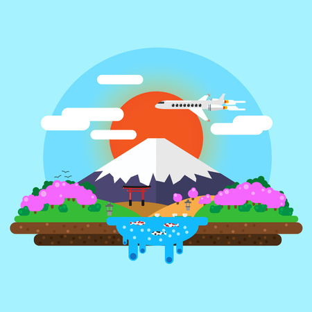 landscape of Mount Fuji at sunrise. torii gates. Carps Koi in the pond. Sakura blossoms. Vector flat illustration.のイラスト素材