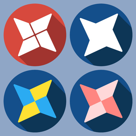 Set of abstract quadrangular shuriken. Vector flat design. Isolated icons on colorful backdrop.のイラスト素材