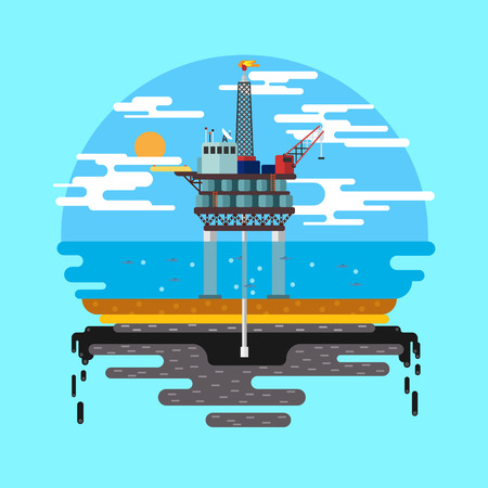 Vector flat illustration. Drilling rig at sea. Oil platform, gas fuel, industry offshore, drill technology.のイラスト素材