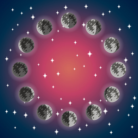 Vector flat icon phases of the Moon. Isolated on a color background with stars. Vector flat design.のイラスト素材