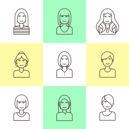 Flat line icons set of woman avatars for profile page, social network, social media. Trendy hairstyles. flat illustration.のイラスト素材