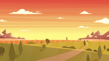 Sunset landscape. Cartoon illustration style. Flat designのイラスト素材