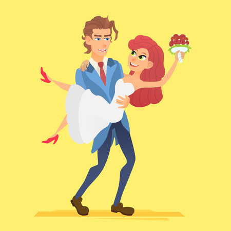Groom carries his bride in his arms. Vector illustration of a cartoon character. Wedding couple isolated on background.のイラスト素材
