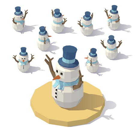 Vector isometric low poly Christmas snowman. Snowman man from different angles.のイラスト素材