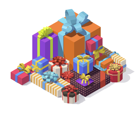 A vector isometric low poly gift boxes. Gift boxes with ribbon, bow set isolated on background.のイラスト素材