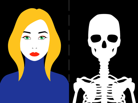 Female portrait and female skeleton for two-sided printing. Vector flat art illustration of Halloween.の写真素材