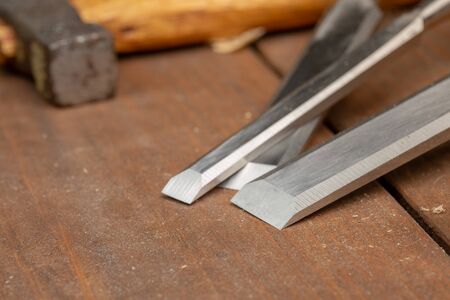 Carpenter cabinet maker hand tools on the workbench.