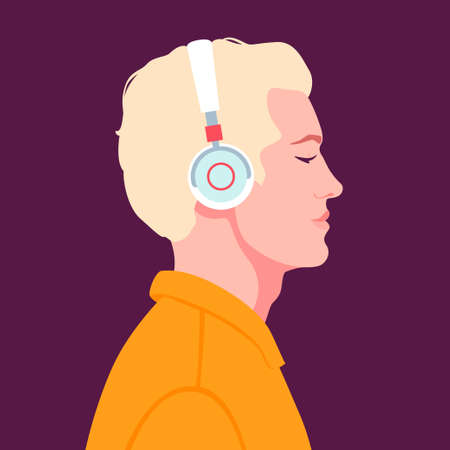 Young man listen to music on headphones. Music therapy.のイラスト素材