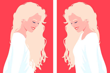 Portrait of a woman with long blonde hair. Female profile. Fashion and beauty. Bright vector illustration in flat style.のイラスト素材