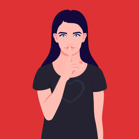 Portrait of a girl gestures for silence quiet with finger to lipsのイラスト素材