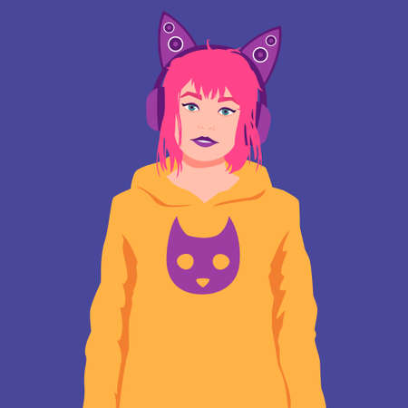 Portrait of a girl in headphones with cat earsのイラスト素材