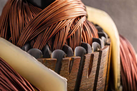 Rotor of an electric motor close up. Copper motor windings.