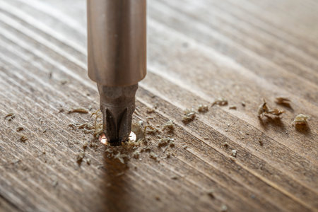 Self-tapping screw screwed into a wooden board close-up. Screw for woodの写真素材