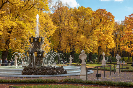 Saint-Petersburg. Russia. September 30, 2021. Fountain in the Summer Garden of St. Petersburg. Sunny autumn day.のeditorial素材