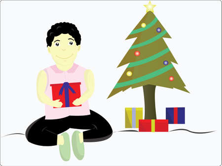 the happy boy got a lot of gifts near a Christmas treeのイラスト素材