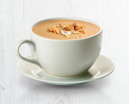 Cup of coffee with cream and nuts on white wooden table.の写真素材